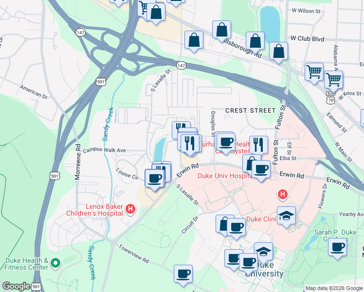 map of restaurants, bars, coffee shops, grocery stores, and more near 2612 Erwin Road in Durham