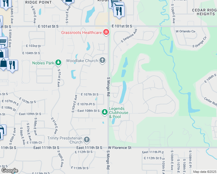 map of restaurants, bars, coffee shops, grocery stores, and more near 8001 South Mingo Road in Tulsa