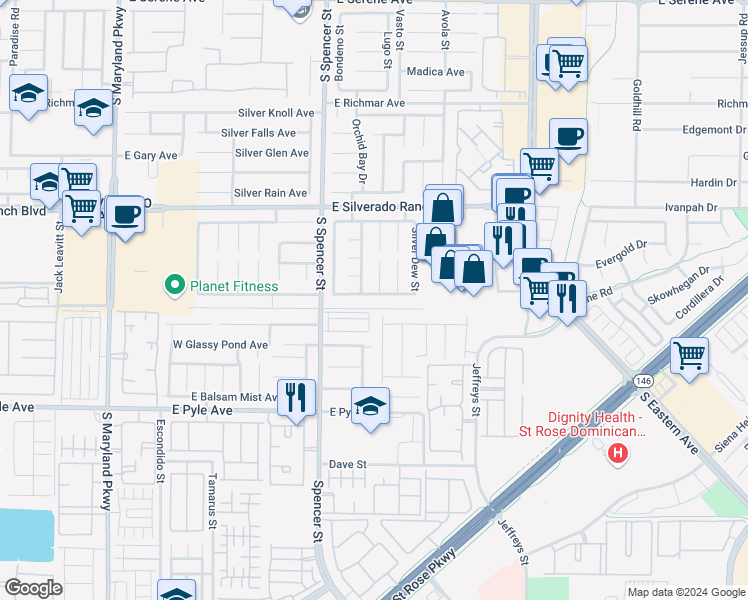 map of restaurants, bars, coffee shops, grocery stores, and more near 1951 Silver Whisper Avenue in Las Vegas