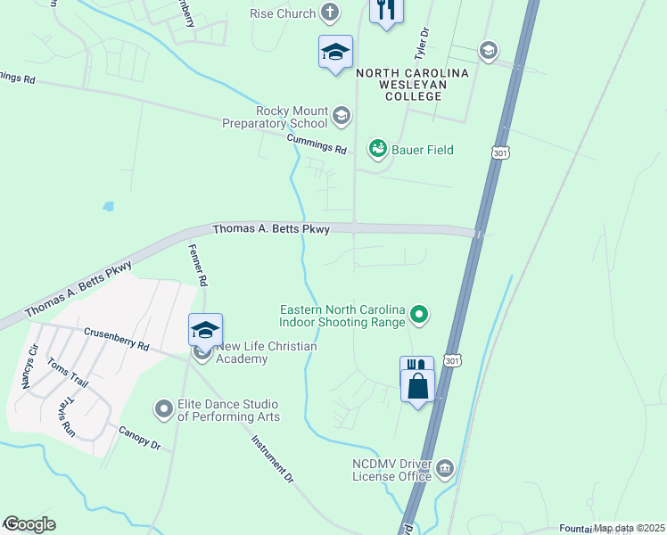 map of restaurants, bars, coffee shops, grocery stores, and more near 113 Alabaster Way in Rocky Mount