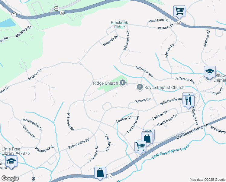 map of restaurants, bars, coffee shops, grocery stores, and more near 167 Lasalle Road in Oak Ridge