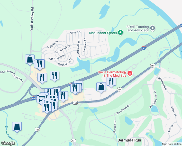 map of restaurants, bars, coffee shops, grocery stores, and more near 119 Lakeside Crossing in Advance