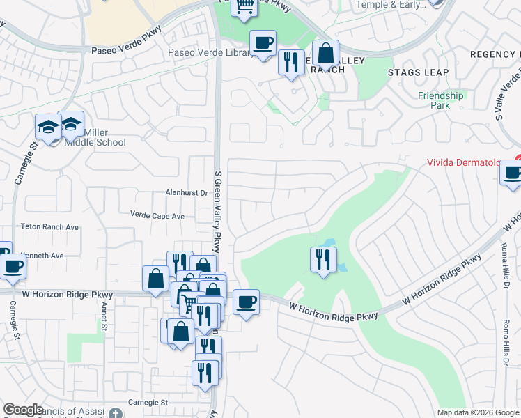 map of restaurants, bars, coffee shops, grocery stores, and more near 2164 Picture Rock Avenue in Henderson