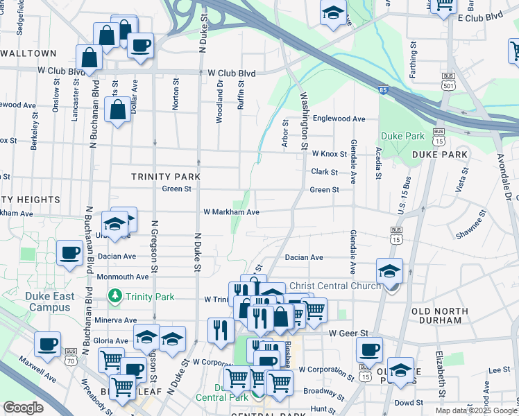 map of restaurants, bars, coffee shops, grocery stores, and more near 620 Pamlico Street in Durham