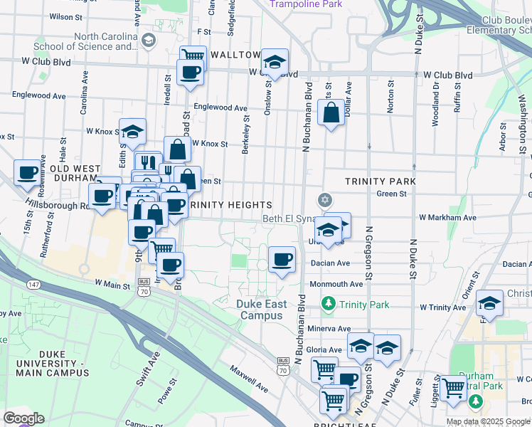map of restaurants, bars, coffee shops, grocery stores, and more near 821 Onslow Street in Durham