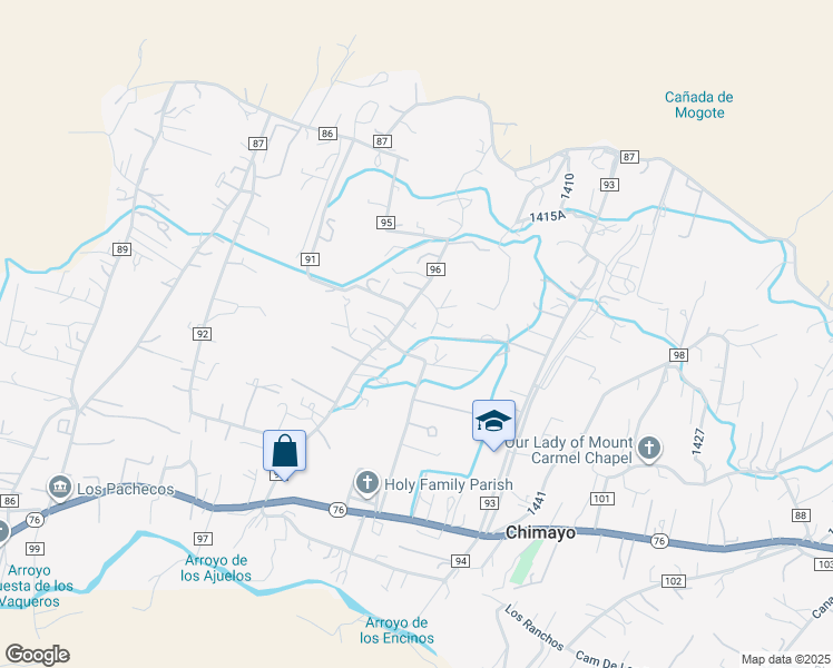 map of restaurants, bars, coffee shops, grocery stores, and more near 104 County Road 95 in Chimayo