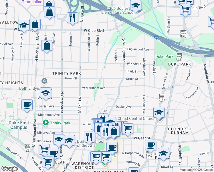 map of restaurants, bars, coffee shops, grocery stores, and more near 620 West Markham Avenue in Durham