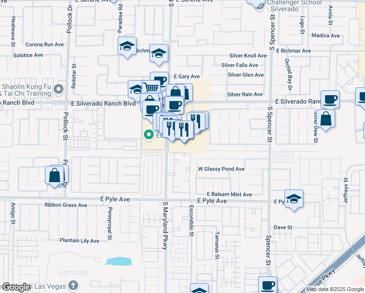 map of restaurants, bars, coffee shops, grocery stores, and more near 9876 South Maryland Parkway in Las Vegas