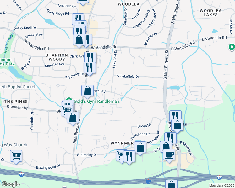 map of restaurants, bars, coffee shops, grocery stores, and more near 220 Webster Road in Greensboro