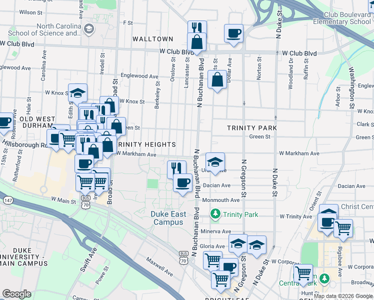 map of restaurants, bars, coffee shops, grocery stores, and more near 811 Lancaster Street in Durham