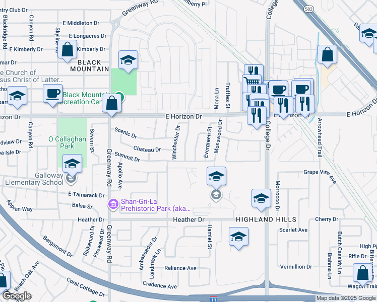 map of restaurants, bars, coffee shops, grocery stores, and more near 624 Hidden Valley Drive in Henderson