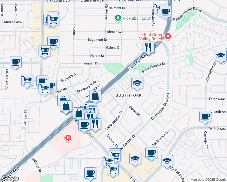 map of restaurants, bars, coffee shops, grocery stores, and more near 502 Crepes Place in Henderson