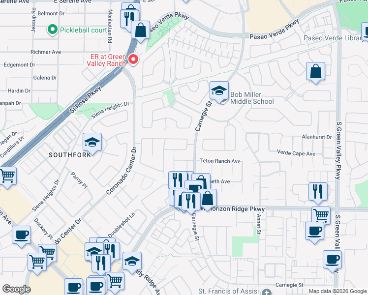 map of restaurants, bars, coffee shops, grocery stores, and more near 2506 Vintage Rose Avenue in Henderson