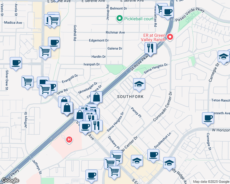 map of restaurants, bars, coffee shops, grocery stores, and more near 502 Crepes Place in Henderson