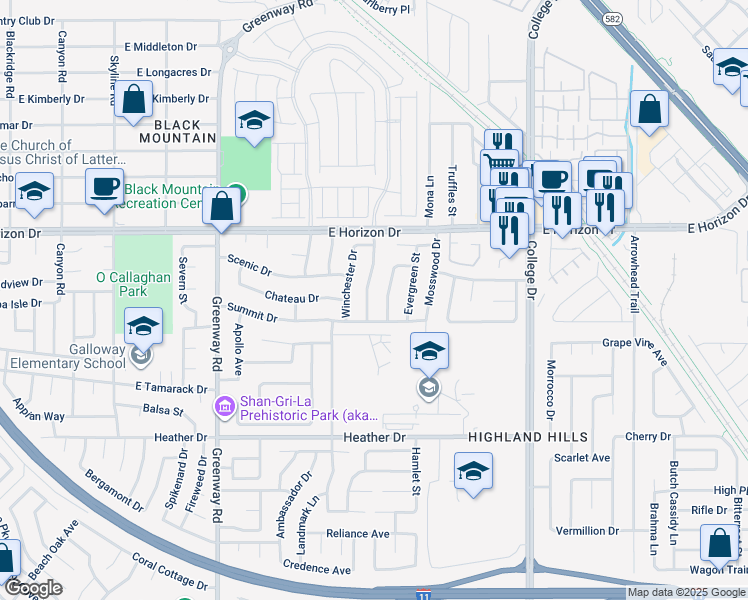 map of restaurants, bars, coffee shops, grocery stores, and more near 624 Hidden Valley Drive in Henderson