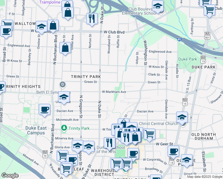 map of restaurants, bars, coffee shops, grocery stores, and more near 808 West Markham Avenue in Durham