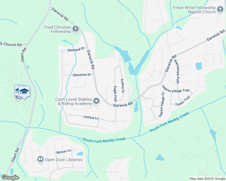 map of restaurants, bars, coffee shops, grocery stores, and more near 4742 Eagle Path in Winston-Salem