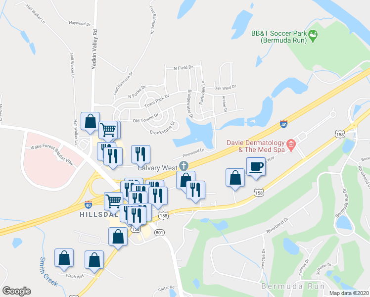 map of restaurants, bars, coffee shops, grocery stores, and more near 164 Pinewood Lane in Advance