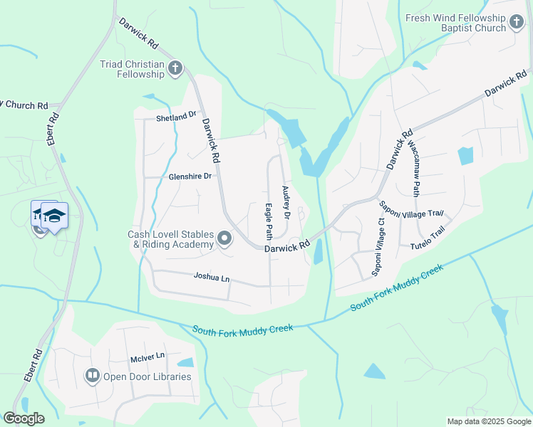 map of restaurants, bars, coffee shops, grocery stores, and more near 4742 Eagle Path in Winston-Salem