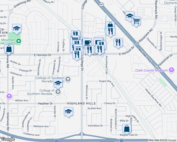 map of restaurants, bars, coffee shops, grocery stores, and more near 718 Breezy Ridge Drive in Henderson