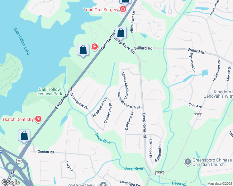 map of restaurants, bars, coffee shops, grocery stores, and more near 3526 Running Cedar Trail in High Point