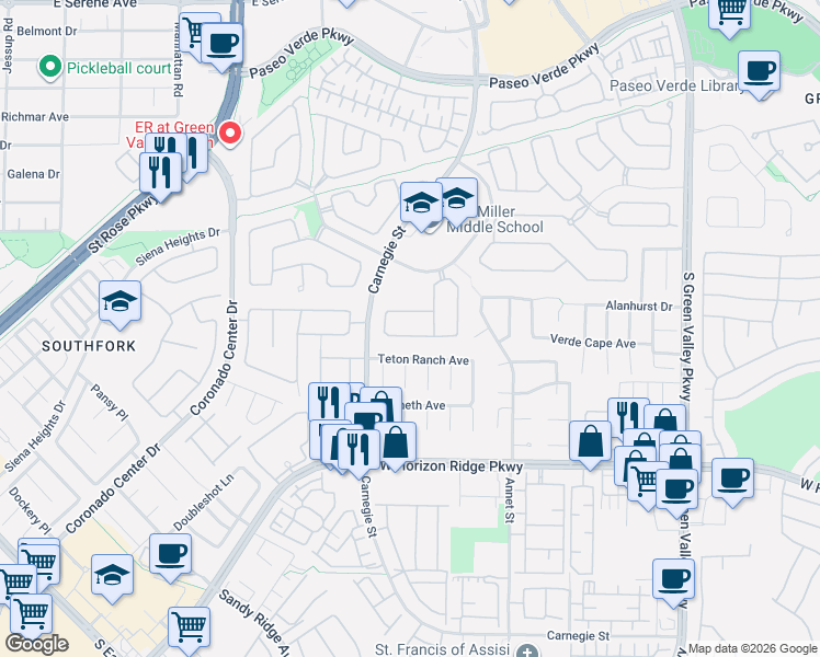map of restaurants, bars, coffee shops, grocery stores, and more near 467 Beardsley Circle in Henderson