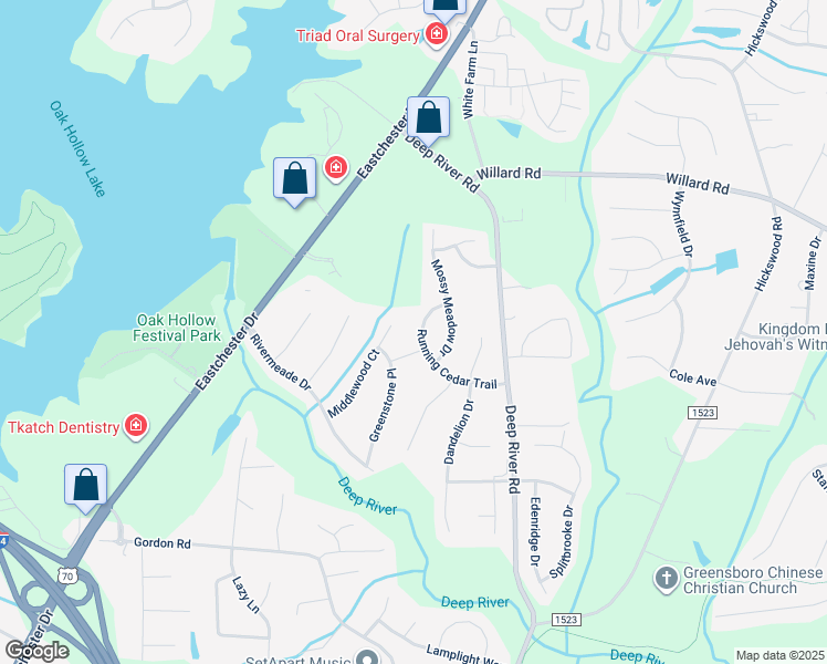 map of restaurants, bars, coffee shops, grocery stores, and more near 3526 Running Cedar Trail in High Point