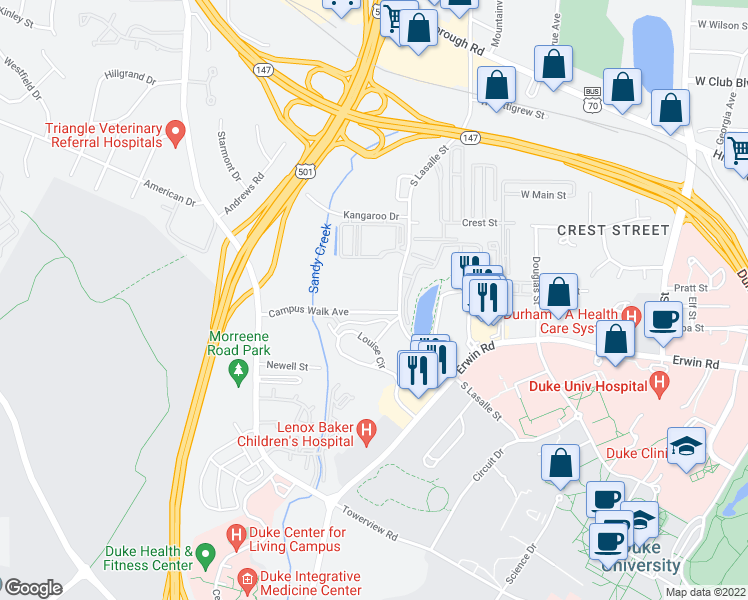map of restaurants, bars, coffee shops, grocery stores, and more near 2724 Campus Walk Avenue in Durham