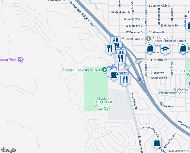 map of restaurants, bars, coffee shops, grocery stores, and more near 281 Horizon Peak Drive in Henderson