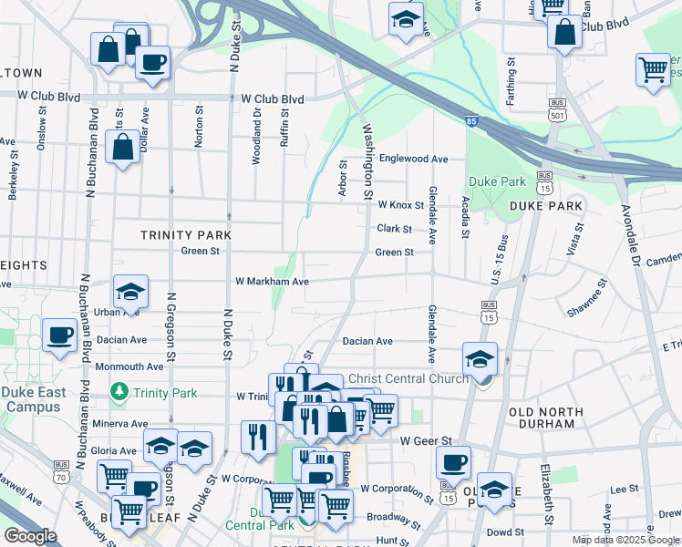 map of restaurants, bars, coffee shops, grocery stores, and more near 519 Green Street in Durham