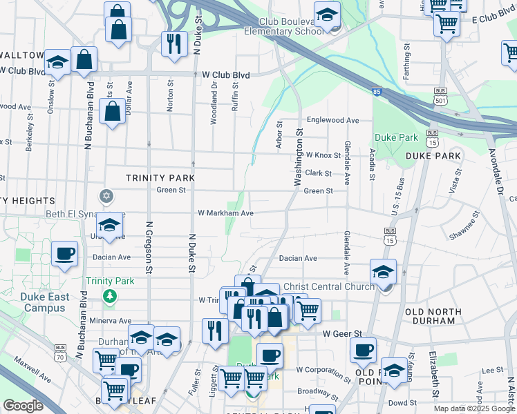 map of restaurants, bars, coffee shops, grocery stores, and more near 620 Pamlico Street in Durham