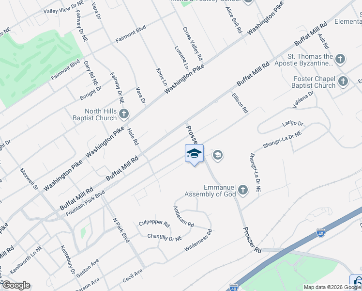 map of restaurants, bars, coffee shops, grocery stores, and more near 3434 Fountain Park Boulevard in Knoxville