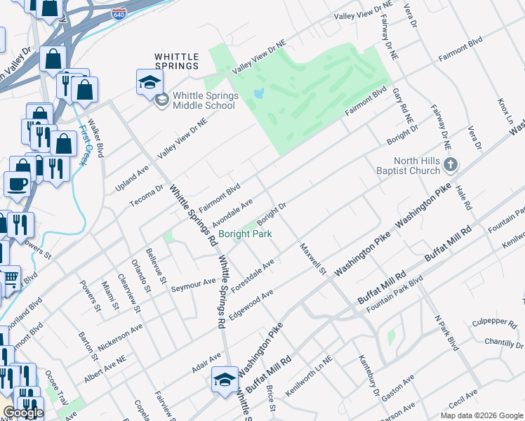 map of restaurants, bars, coffee shops, grocery stores, and more near 2821 Boright Place in Knoxville