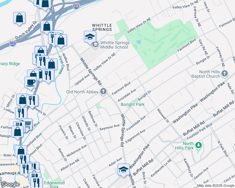 map of restaurants, bars, coffee shops, grocery stores, and more near 2700 Fairmont Boulevard in Knoxville