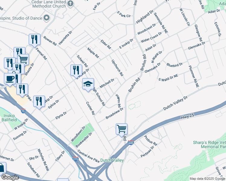 map of restaurants, bars, coffee shops, grocery stores, and more near 4514 Hutton Road in Knoxville