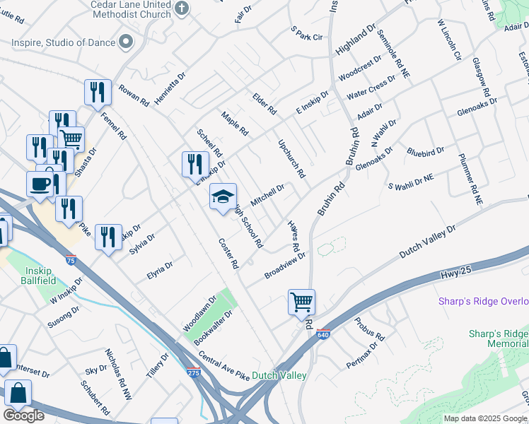 map of restaurants, bars, coffee shops, grocery stores, and more near 4514 Hutton Road in Knoxville