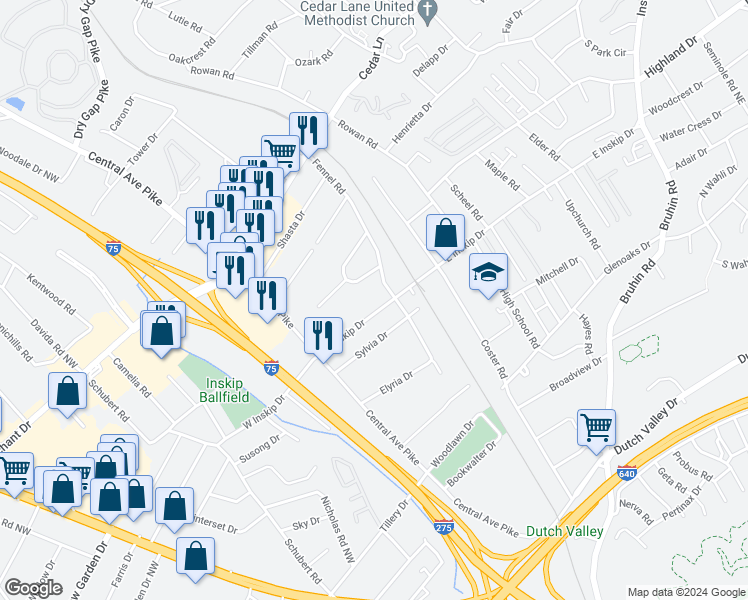 map of restaurants, bars, coffee shops, grocery stores, and more near 123 East Inskip Drive in Knoxville