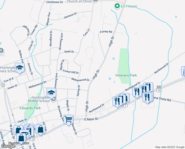 map of restaurants, bars, coffee shops, grocery stores, and more near 139 Oak Drive in Huntingdon