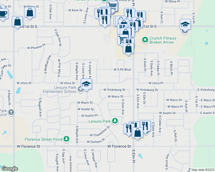 map of restaurants, bars, coffee shops, grocery stores, and more near 909 West Utica Street in Broken Arrow