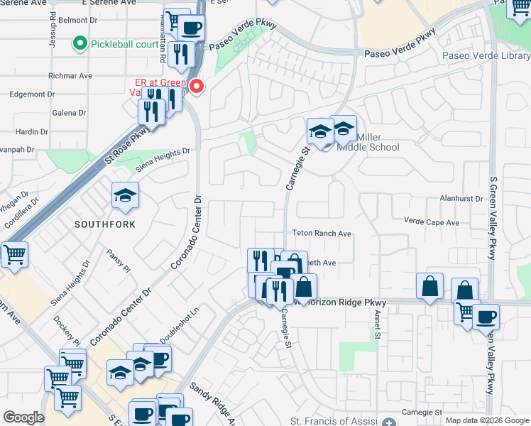 map of restaurants, bars, coffee shops, grocery stores, and more near 2501 Antique Blossom Avenue in Henderson