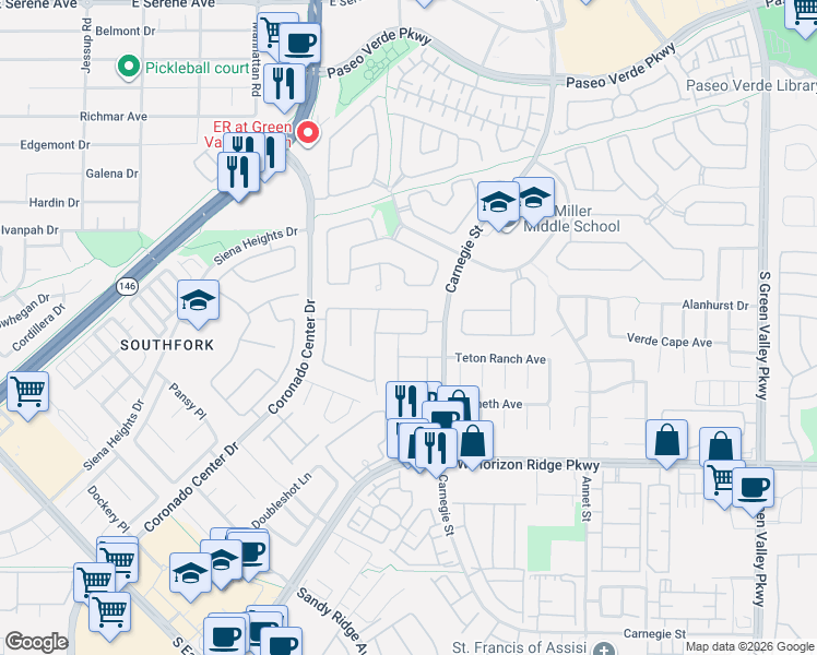 map of restaurants, bars, coffee shops, grocery stores, and more near 2501 Antique Blossom Avenue in Henderson