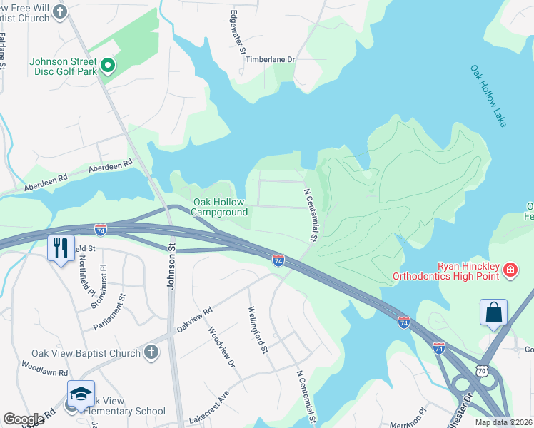 map of restaurants, bars, coffee shops, grocery stores, and more near 1208 Tanglewood Avenue in High Point