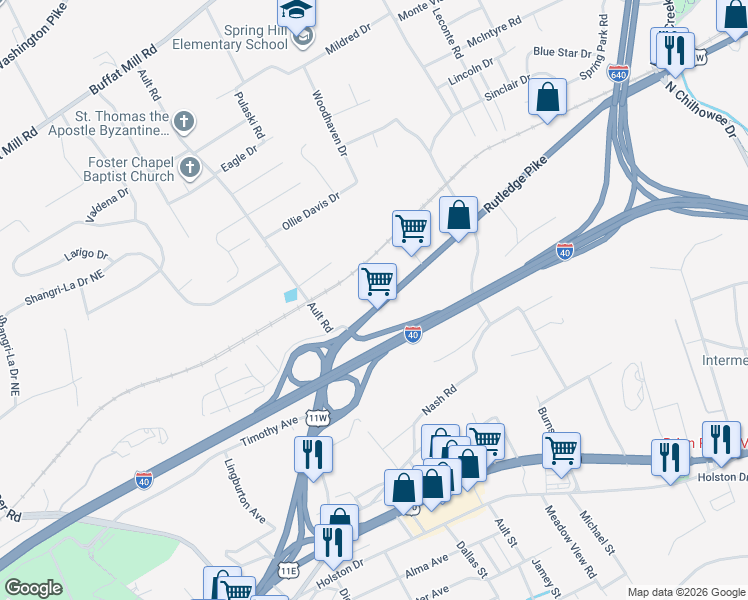 map of restaurants, bars, coffee shops, grocery stores, and more near 4539 Rutledge Pike in Knoxville