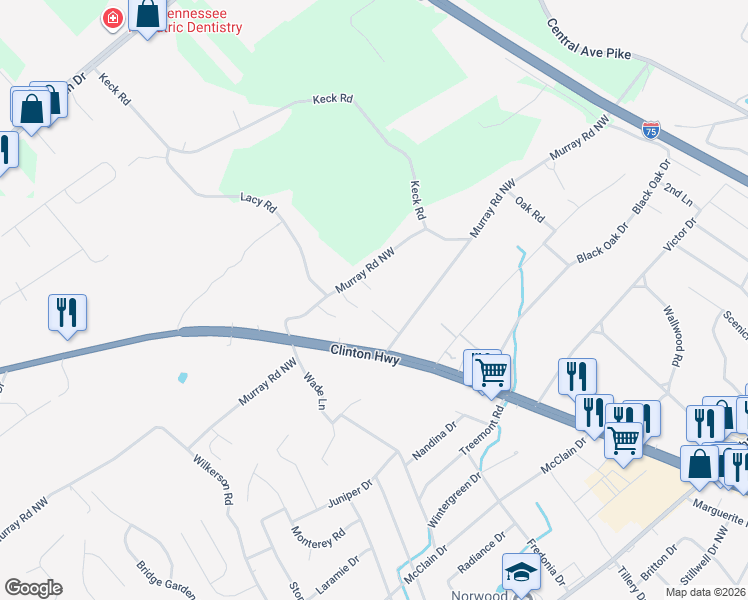 map of restaurants, bars, coffee shops, grocery stores, and more near 6004 Friendship Lane in Knoxville