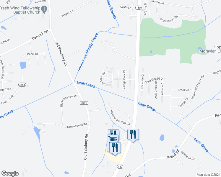 map of restaurants, bars, coffee shops, grocery stores, and more near 4070 Overcreek Lane in Winston-Salem