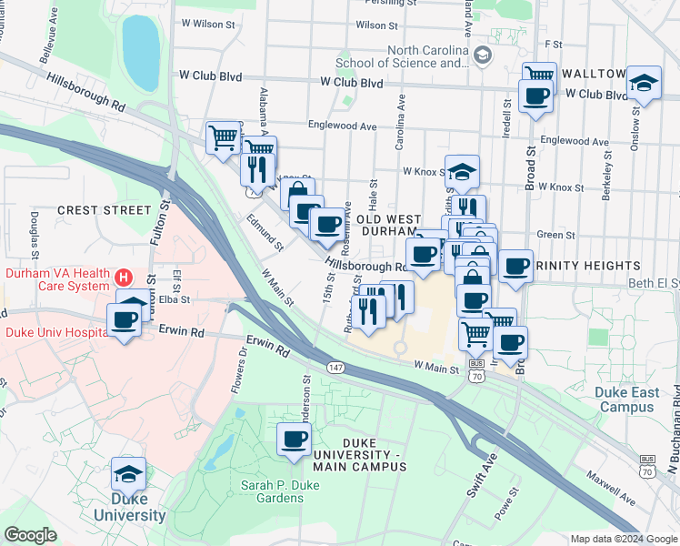 map of restaurants, bars, coffee shops, grocery stores, and more near 732 15th Street in Durham
