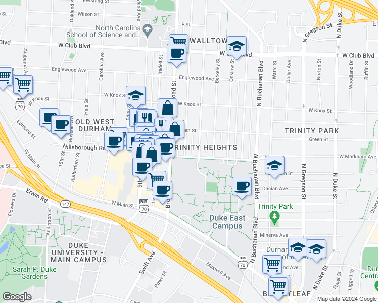 map of restaurants, bars, coffee shops, grocery stores, and more near 806 Clarendon Street in Durham