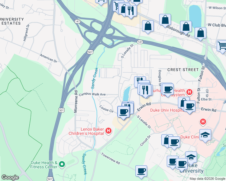 map of restaurants, bars, coffee shops, grocery stores, and more near 2716 Campus Walk Avenue in Durham