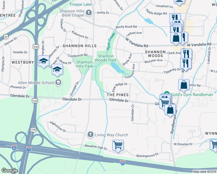 map of restaurants, bars, coffee shops, grocery stores, and more near 3 Pine Ridge Court in Greensboro