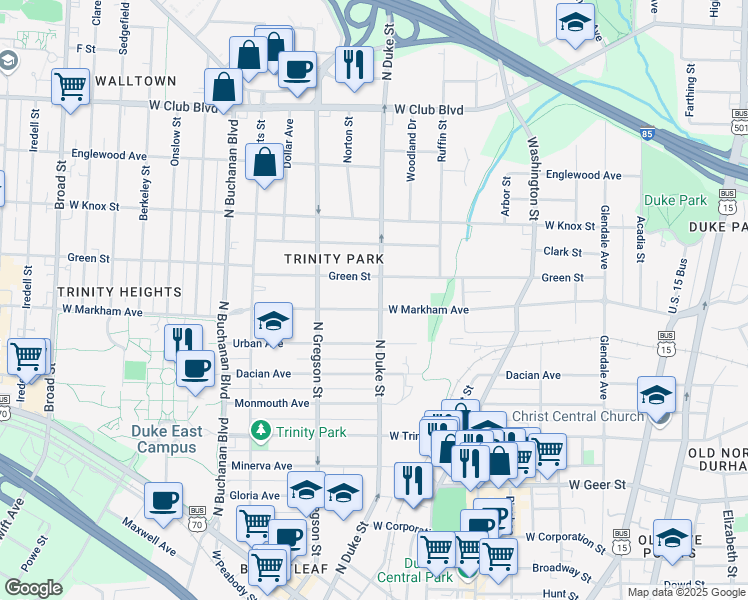 map of restaurants, bars, coffee shops, grocery stores, and more near 1103 North Duke Street in Durham